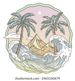 Featuring palm trees, waves, and pyramids with clouds and a pastel sky encapsulating a serene and mystical coastal landscape, reminiscent of a tranquil beach scene.