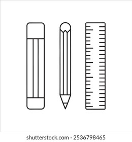 
Con un lápiz, Regla y borrador, simbolizando herramientas para dibujar y medir Ilustración vectorial plana aislada del arte de la línea del doodle en el fondo blanco