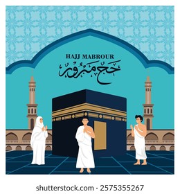 Featuring pilgrims in traditional attire performing Hajj rituals near the Kaaba in Mecca, Saudi Arabia, emphasizing spirituality, faith, and the Islamic pilgrimage. Flat vector modern illustration 