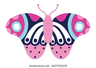 Featuring a pink, white, blue, and dark blue butterfly with intricate decorative patterns on its wings and antennae, presenting a vibrant and elegant vector design