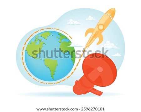 Featuring planet Earth, an orbiting spaceship, and a red megaphone. Depicting the launch of a product campaign that will go global. Flat vector illustration 