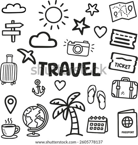 Featuring a playful array of travel-related doodles including an airplane, suitcase, passport, the sun and palm tree. Ideal for use in travel blogs, agency websites, or personal journals.
