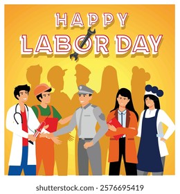 Featuring professionals of various occupations to celebrate Labor Day, symbolizing unity, diversity, and dedication in the workforce. Flat vector modern illustration 