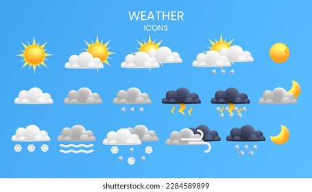 Featuring realistic and cartoon 3D icons of sun, moon, rain, snow, clouds and thunderstorms, this set is perfect for weather interfaces, weather app or website