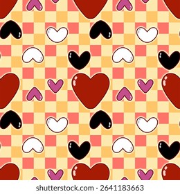 featuring red, black, white, and pink hearts on a checkered background