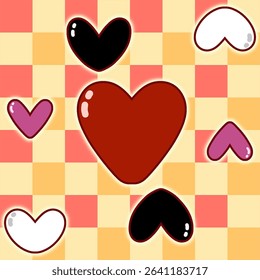 featuring red, black, white, and pink hearts on a checkered background
