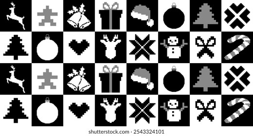  Featuring Reindeer, Trees, Snowmen, Ornaments, and Holiday Icons in Pixel Art Style
Christmas Pixel Pattern with Deers and Elks in the Winter Forest. Traditional Nordic Seamless Striped Ornament. 