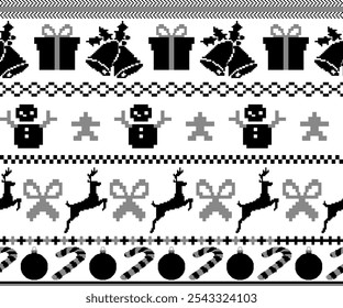  Featuring Reindeer, Trees, Snowmen, Ornaments, and Holiday Icons in Pixel Art Style
Christmas Pixel Pattern with Deers and Elks in the Winter Forest. Traditional Nordic Seamless Striped Ornament. 