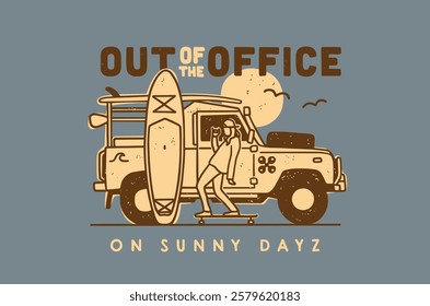 Featuring a rugged off-road vehicle equipped with a surfboard, a relaxed skater cruising by, and a golden sun setting in the background, this artwork radiates summer vibes. 