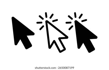 Featuring simple black arrow cursor icons isolated on a transparent background. A symbol of clicking, selecting tool, action, and pointer indication.
