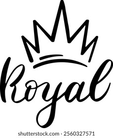 Featuring simple and elegant line art of a royal crown positioned above the handwritten word royal, symbolizing monarchy, nobility, and the essence of power