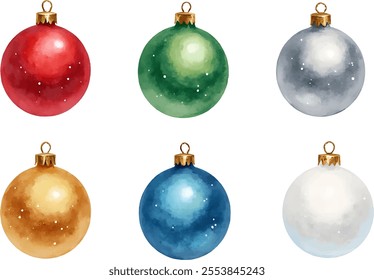 Featuring six beautifully painted Christmas ornaments, this watercolor artwork showcases an array of colors including red, green, gold, blue, silver, and white, perfect for holiday decor.