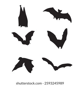 featuring six black silhouettes of different bats, each depicted in a different position and style, showing various activities and flight postures.