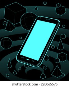 Featuring a smart phone in a neon galaxy, sorrounded by geometric 3d shapes. take a close look to check the detail.