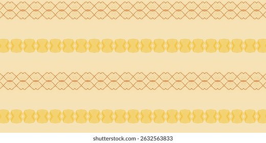 Featuring a soft, minimal take on ethnic design, this seamless pattern uses stylized hand shapes and traditional drum forms in golden yellow and orange hues.