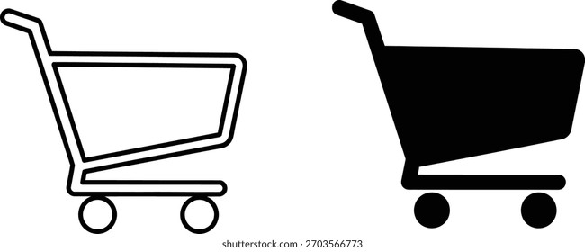 Featuring stark contrasts, this file presents a shopping cart icon depicted in two distinct styles a solid black fill and a minimalist outline providing versatile vector choices.