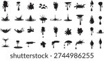 Featuring stylized black water or ink splash icons silhouette design,  each splash displays a unique design water or ink splash vector art.