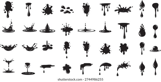 Featuring stylized black water or ink splash icons silhouette design,  each splash displays a unique design water or ink splash vector art.
