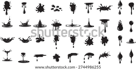 Featuring stylized black water or ink splash icons silhouette design,  each splash displays a unique design water or ink splash vector art.