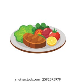 Featuring a succulent steak accompanied by a colorful assortment of fresh vegetables isolated flat vector illustration on white background.