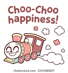 Apresentando o texto "Felicidade Choo-Choo" este design irradia alegria, tornando-o perfeito para produtos relacionados com o transporte de crianças. Ideal para storybook ou marca de produto infantil