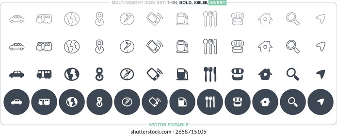 Apresentando contorno fino, negrito, sólido e ícones negativos em um botão escuro, este arquivo de ícone vetorial totalmente editável é ideal para projetos de navegação e com temas de mapa.