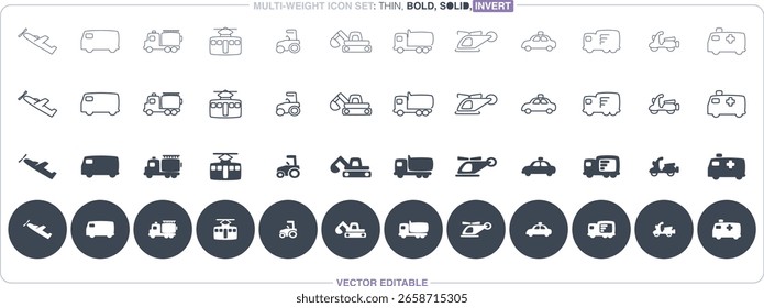 Apresentando contorno fino, negrito, sólido e ícones negativos em um botão escuro, este arquivo de ícone vetorial totalmente editável é ideal para projetos de transporte.