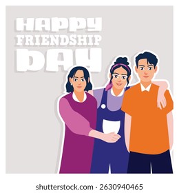 Featuring three friends standing together in joy. Symbolizing friendship and camaraderie for Friendship Day. Flat vector illustration