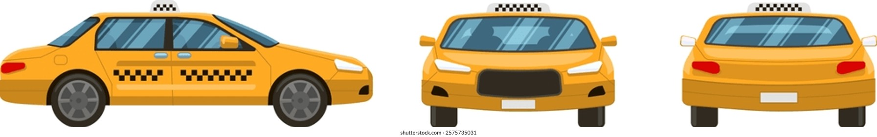 Featuring three vector illustrations displaying the front, side, and rear views of a yellow taxi cab, all isolated against a clean white background for a modern urban feel