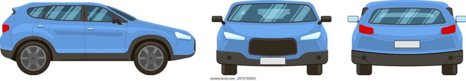 Featuring three vector illustrations of a light blue generic SUV, presenting front, rear, and side views, all isolated against a clean white background for clarity and focus