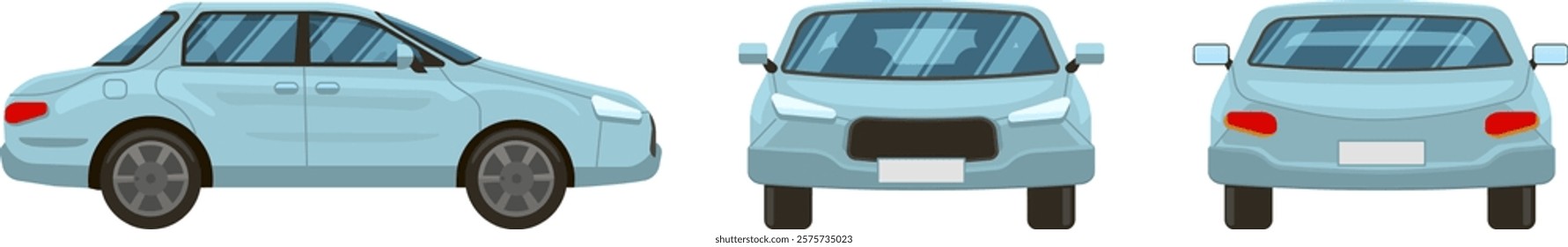 Featuring three vector illustrations showcasing front, rear, and side views of a generic light blue car, all isolated against a clean white background