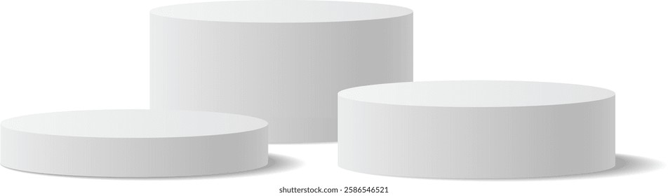 Featuring three white round podiums of varying sizes, creating a striking pedestal for winners against a clean white background, symbolizing success and achievement in competition