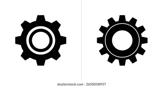 Featuring two black gear icons. Both icons symbolize machinery, engineering, and technology components on a clean white backdrop.