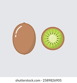 
featuring two kiwis combined on a light gray background. The kiwi on the left is shown whole, with its brown outer skin with a slightly rough and hairy texture