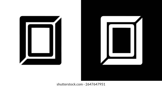 Apresentando dois ícones quadrados - um preto sobre branco, o outro branco sobre preto - cada um exibindo um design semelhante a quadro com cantos arredondados e um quadrado aninhado.