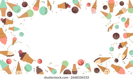 Con varios conos de helado de Plantilla de Anuncio. Cucharadas de helado y coloridas salpicaduras de marco de círculo redondo. festival de verano