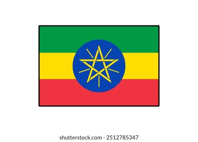 Featuring vibrant colors, the Ethiopian flag includes green, yellow, and red horizontal stripes with a blue circle and a yellow star at its center, symbolizing unity and diversity.