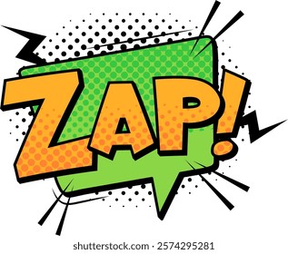 Featuring a vibrant green and orange zap expression in comic style, enhanced with halftone dots and dynamic lightning bolts, conveying sudden action and surprise