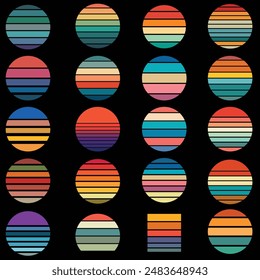 Featuring vibrant, vintage-inspired striped circles reminiscent of retro sunsets. Perfect for adding nostalgic charm to any space.