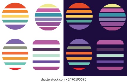 Featuring vibrant, vintage-inspired striped circles reminiscent of retro sunsets. Perfect for adding nostalgic charm to any space. Vector illustration. EPS 10