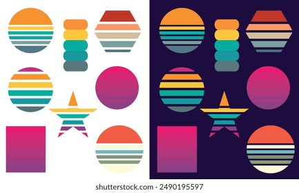 Featuring vibrant, vintage-inspired striped circles reminiscent of retro sunsets. Perfect for adding nostalgic charm to any space. Vector illustration. EPS 10