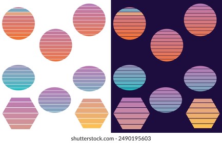 Featuring vibrant, vintage-inspired striped circles reminiscent of retro sunsets. Perfect for adding nostalgic charm to any space. Vector illustration. EPS 10