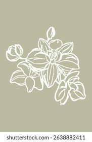 Featuring a white chalk-style line drawing of blooming flowers on a soft sage green background, this minimalist piece adds a refined botanical touch to any project.