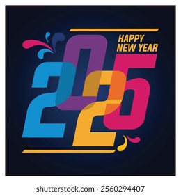 Featuring the year 2025 in bold colors with the phrase Happy New Year. Perfect for holiday greetings, celebrations, and festive events. Flat vector modern illustration 