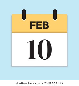 10 de febrero. Calendario diario en diseño plano. Fuente Serif. 10 de febrero. Ilustración amarilla con fondo azul suave. Concepto de tiempo. Icono de fecha.