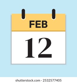 12 de fevereiro. Calendário Diário em Design Plano. Fonte Serif. 12 de fevereiro. Ilustração amarela com plano de fundo azul suave. Ícone Data. Conceito de tempo.