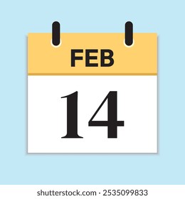 Feb 14. Daily Calendar in Flat Design. Serif Font. February 14th. Yellow Illustration with Soft Blue Background. Date Icon. Time Concept.