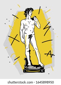 Feb. 15, 2020: David sculpture. Vector illustration hand drawn. Creative geometric yellow style.

