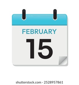 15 de febrero. 15 de febrero. Página Calendario en Diseño Plano. Concepto de tiempo. Símbolo de ilustración de día. Mes. Diariamente. Icono de fecha. Vector azul.