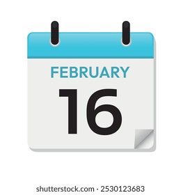 Feb 16th. February Sixteenth. Calendar Page in Flat Design. Time Concept. Day Illustration Symbol. Month. Daily. Date Icon. Blue Vector.